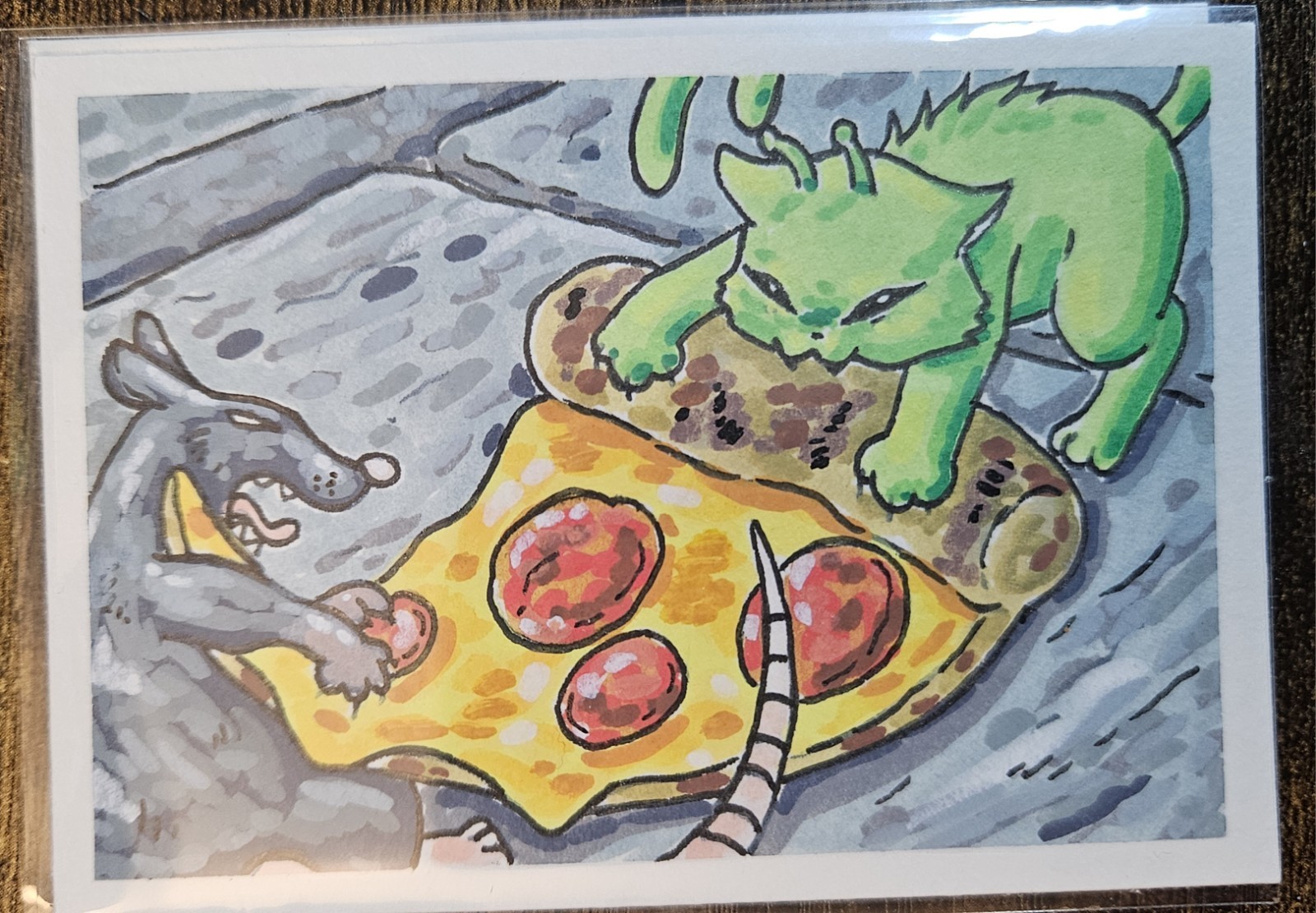Aceo Original Holographic Print Spicy Alien Cat Stealing Pizza From NY Rat