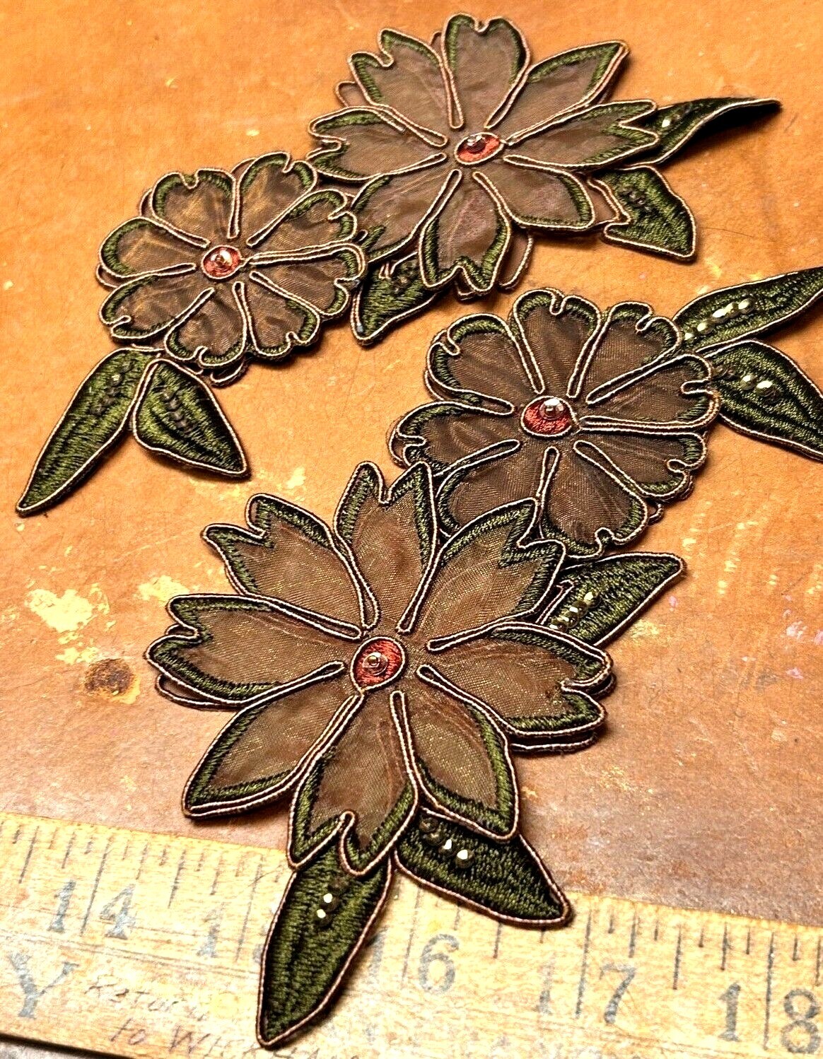 applique soutache flowers layered 4x7" glass beads sequins 1pc brown green