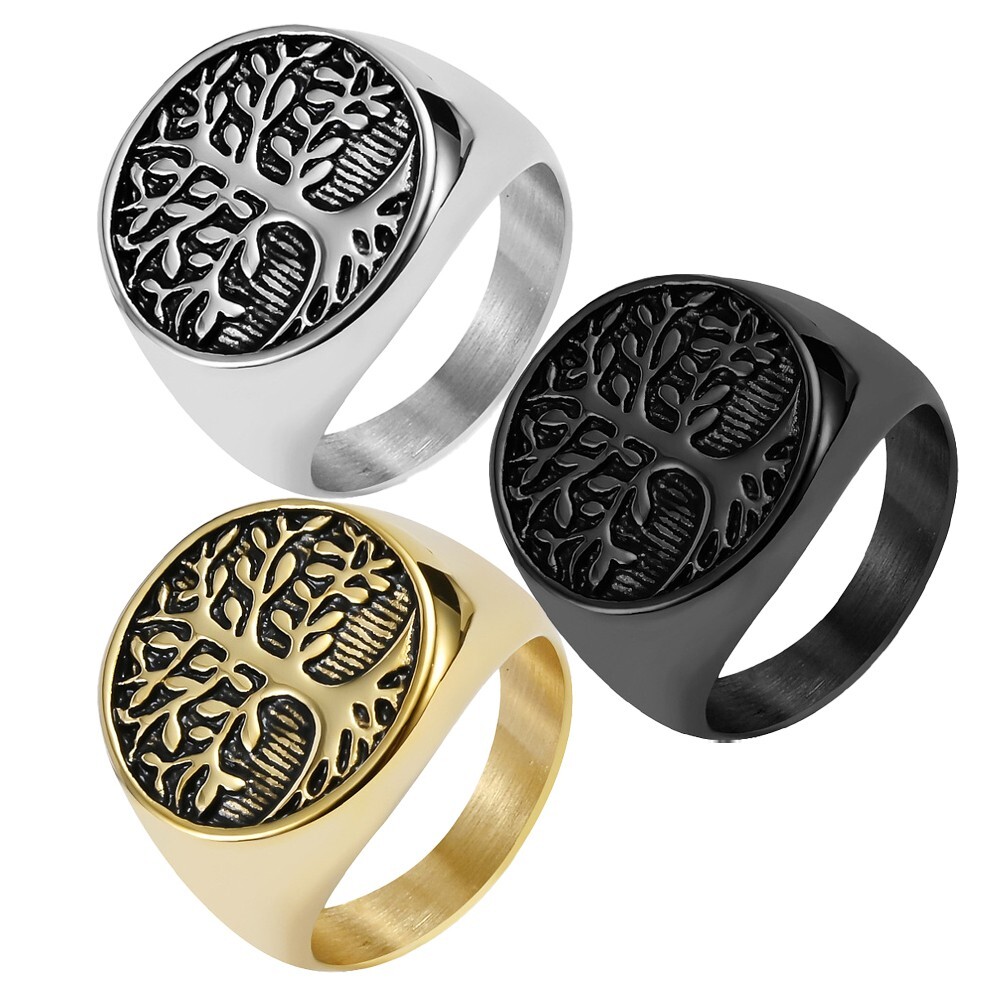 Mens Stainless Steel Celtic Tree of Life Band Ring Black Silver Size 7-15 R35