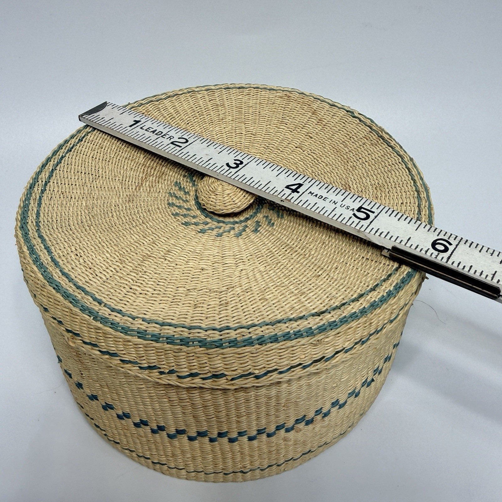 Set 2 Beige Teal Green Tightly Woven Nesting Baskets Lids Boxes Round 5.75" Boho