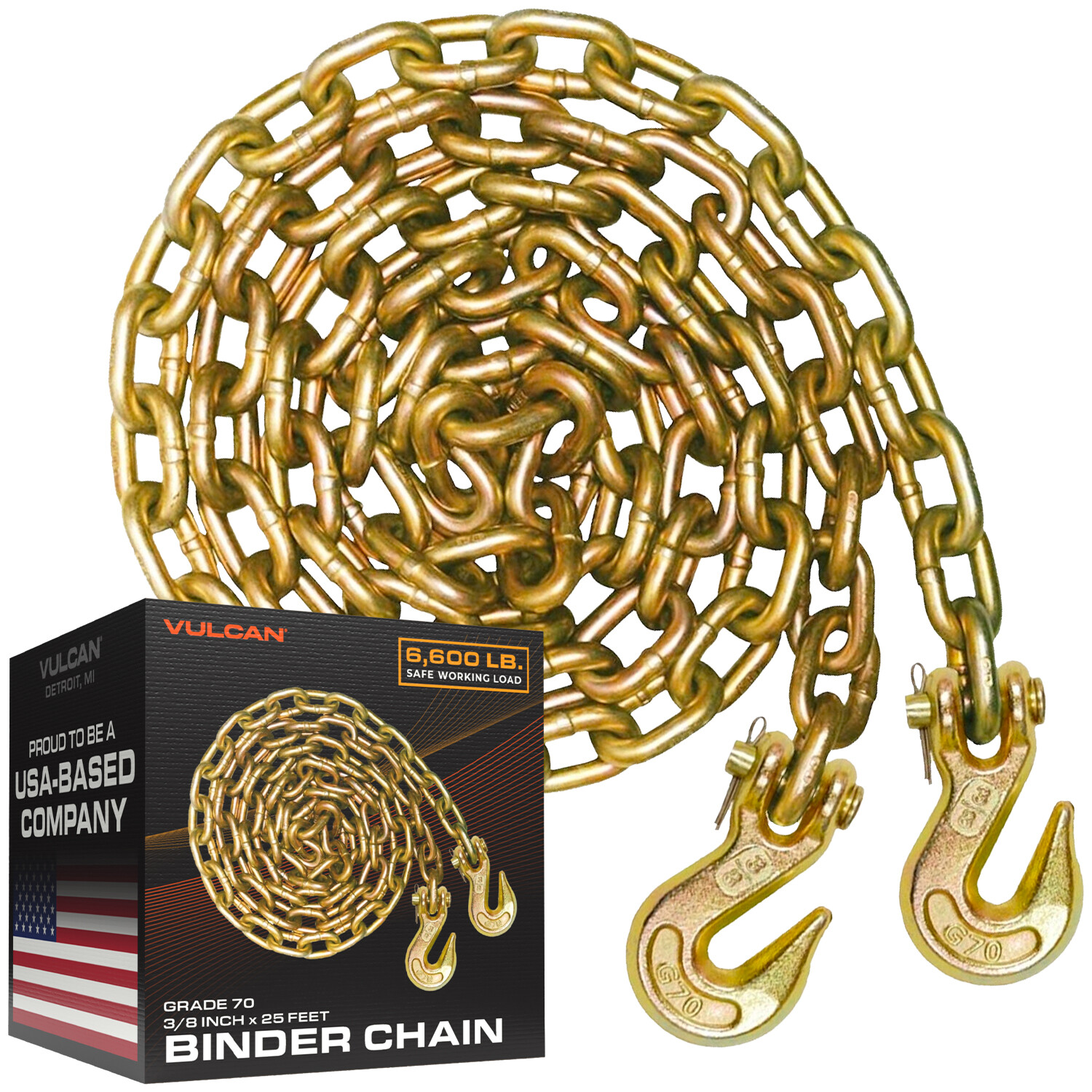 VULCAN G70 Binder Chain - Grab Hooks - 3/8" x 25' - 6600 lbs SWL