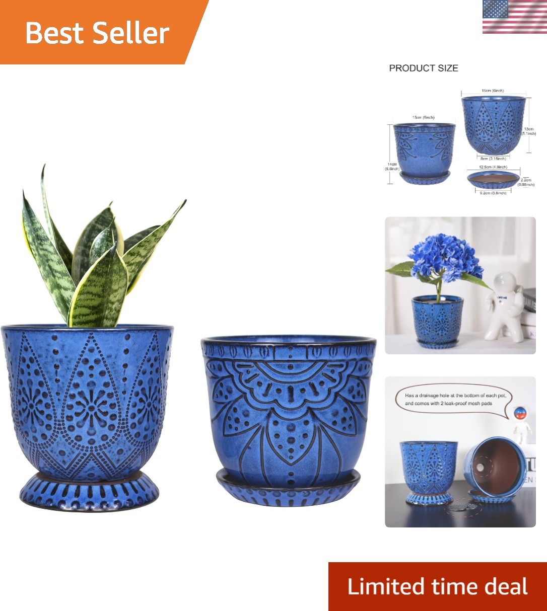 Bohemian 6 Inch Ceramic Planters with Drainage Hole - Set of 2 for Succulents