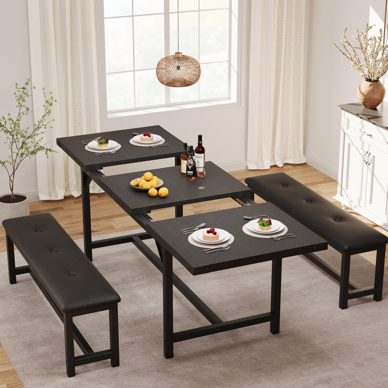 3pcs Dining Table Set ,Extendable Kitchen Table and 2 Upholstered Benches Dinner