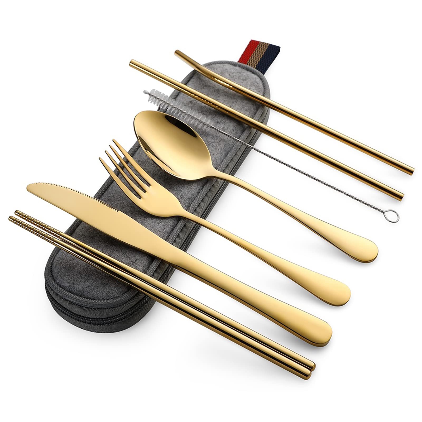 8 PCS Camping Utensil Reusable Silverware Stainless Steel Fork Spoon Gold