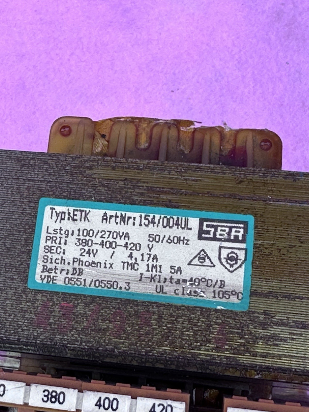 SBA ETK 154/004UL VOLTAGE TRANSFORMER 100/270VA 380/400/420V-AC 24V