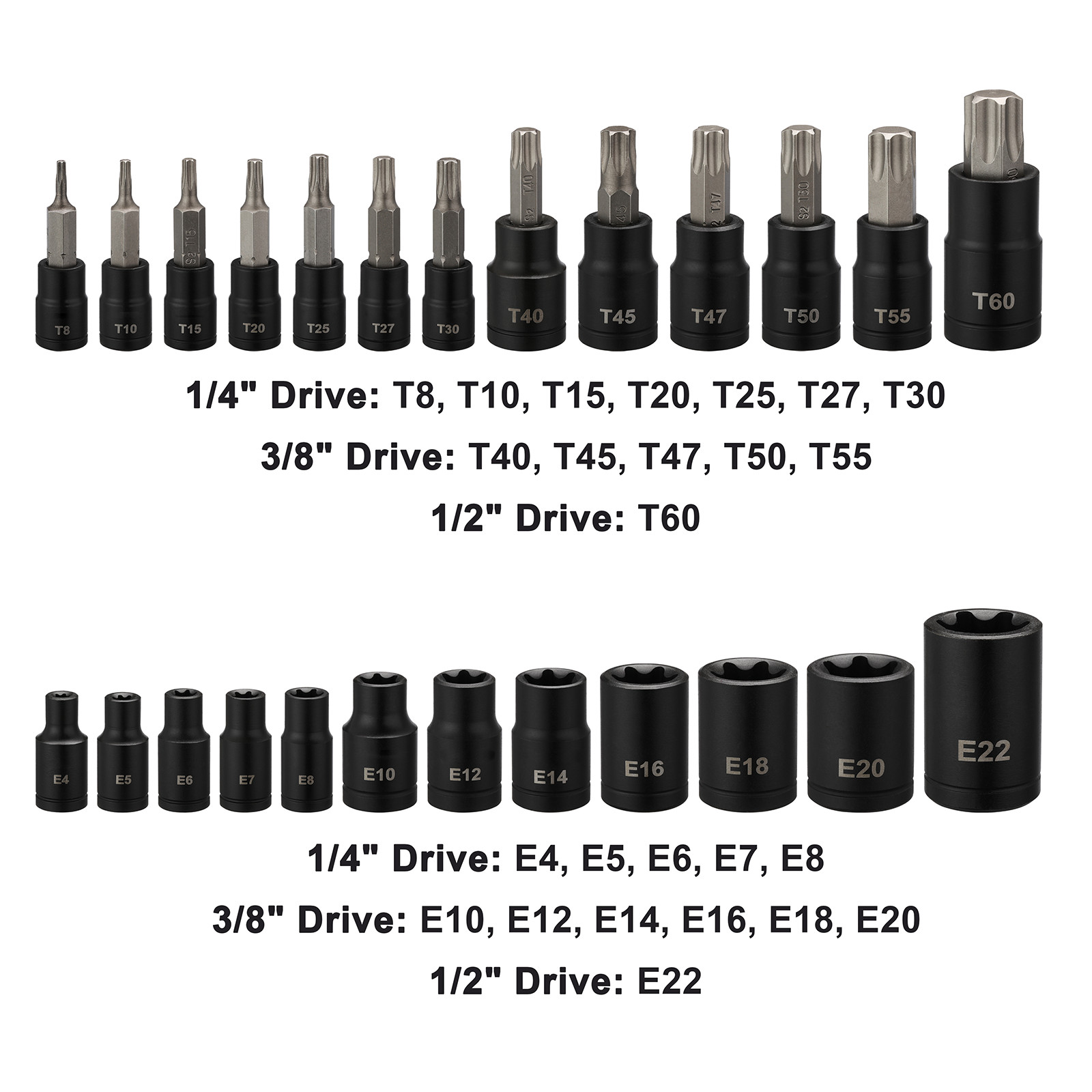 25PCS Torx Bit Socket and External Socket Set T8- T60 & 12 Female E-Torx Sockets