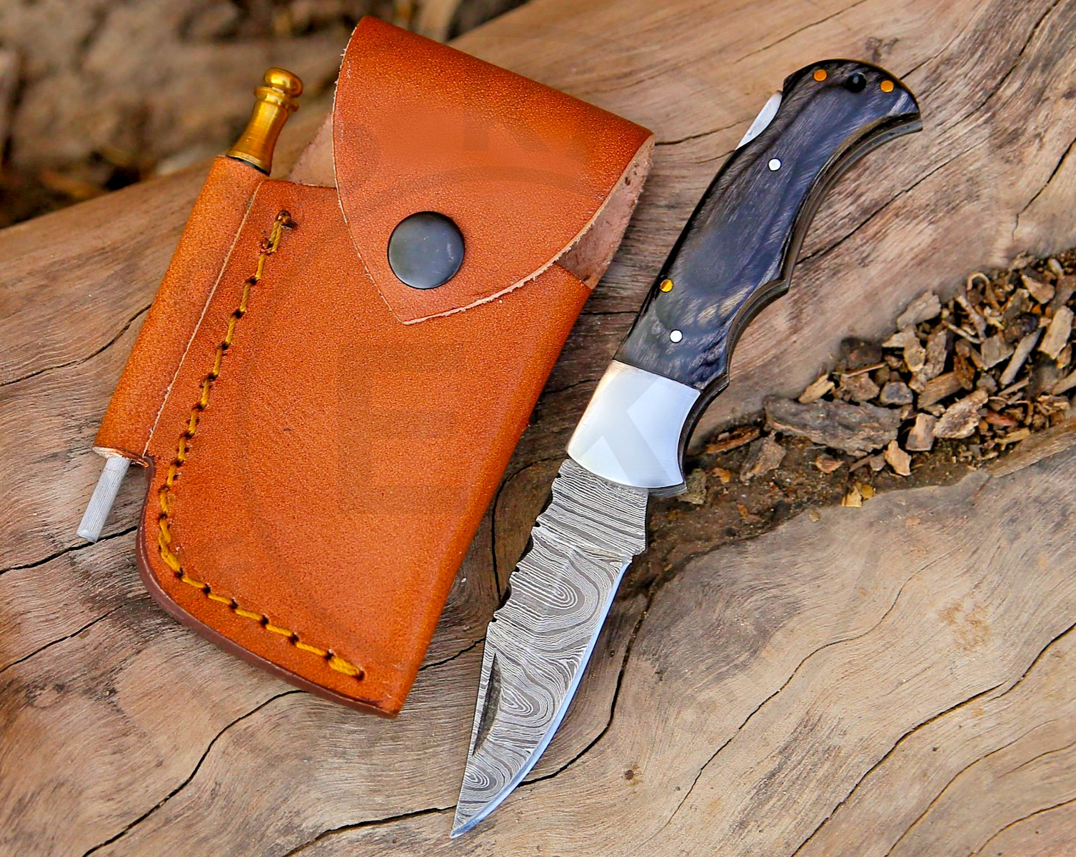 Handmade Damascus Steel Folding Knife Pocket Knife Black wood Handle w/ Pouch