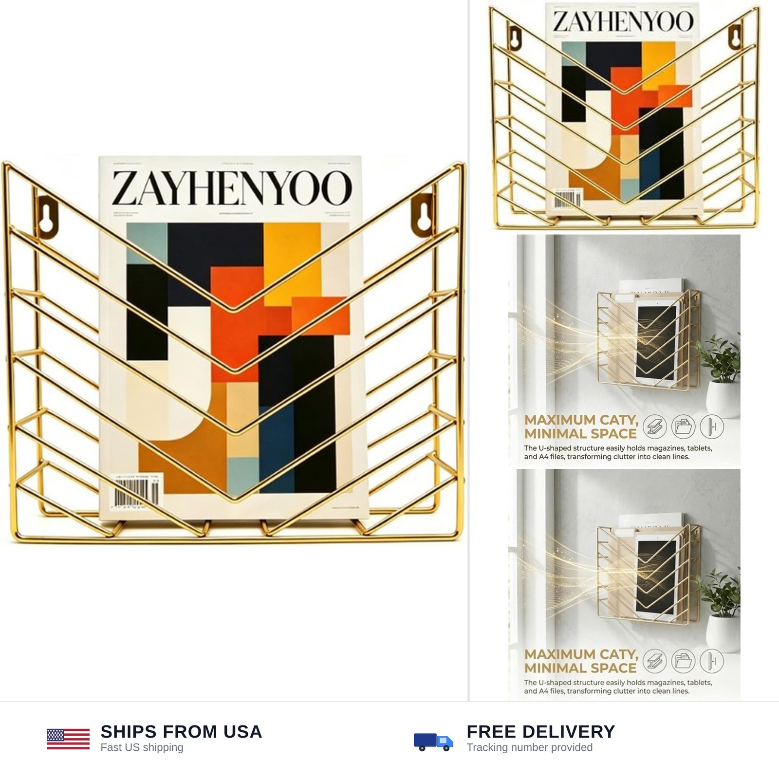 Wall Mounted Magzine Rack,Gold Wall Mount File Organizer | Small Geometric Wa...