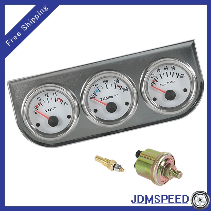 Universal 2'' 52mm Volt Water Oil Pressure Triple 3 Gauge Set Gauges Chrome Kit