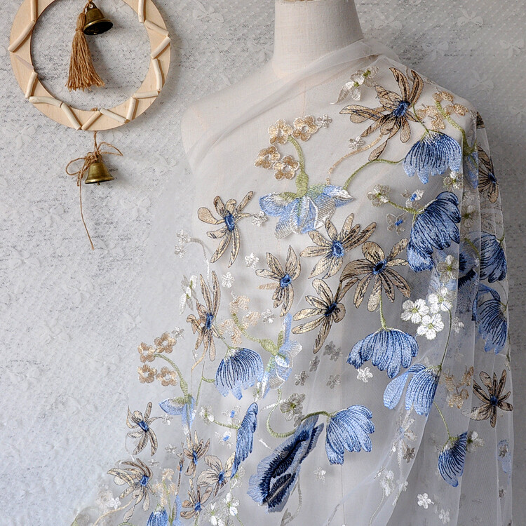 1 Meter Embroidered Lace Fabric Floral Mesh Tulle Wedding Dress Sewing Cloth DIY