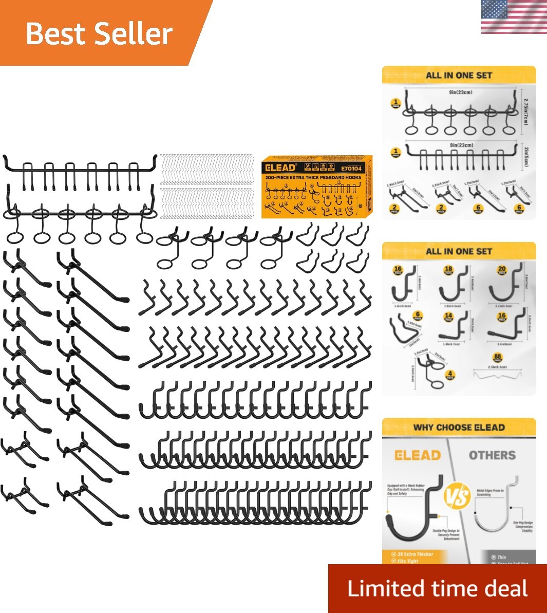 200-Piece Extra Thick Pegboard Hooks Set, 1/4" Heavy Duty Black Peg Board Org...
