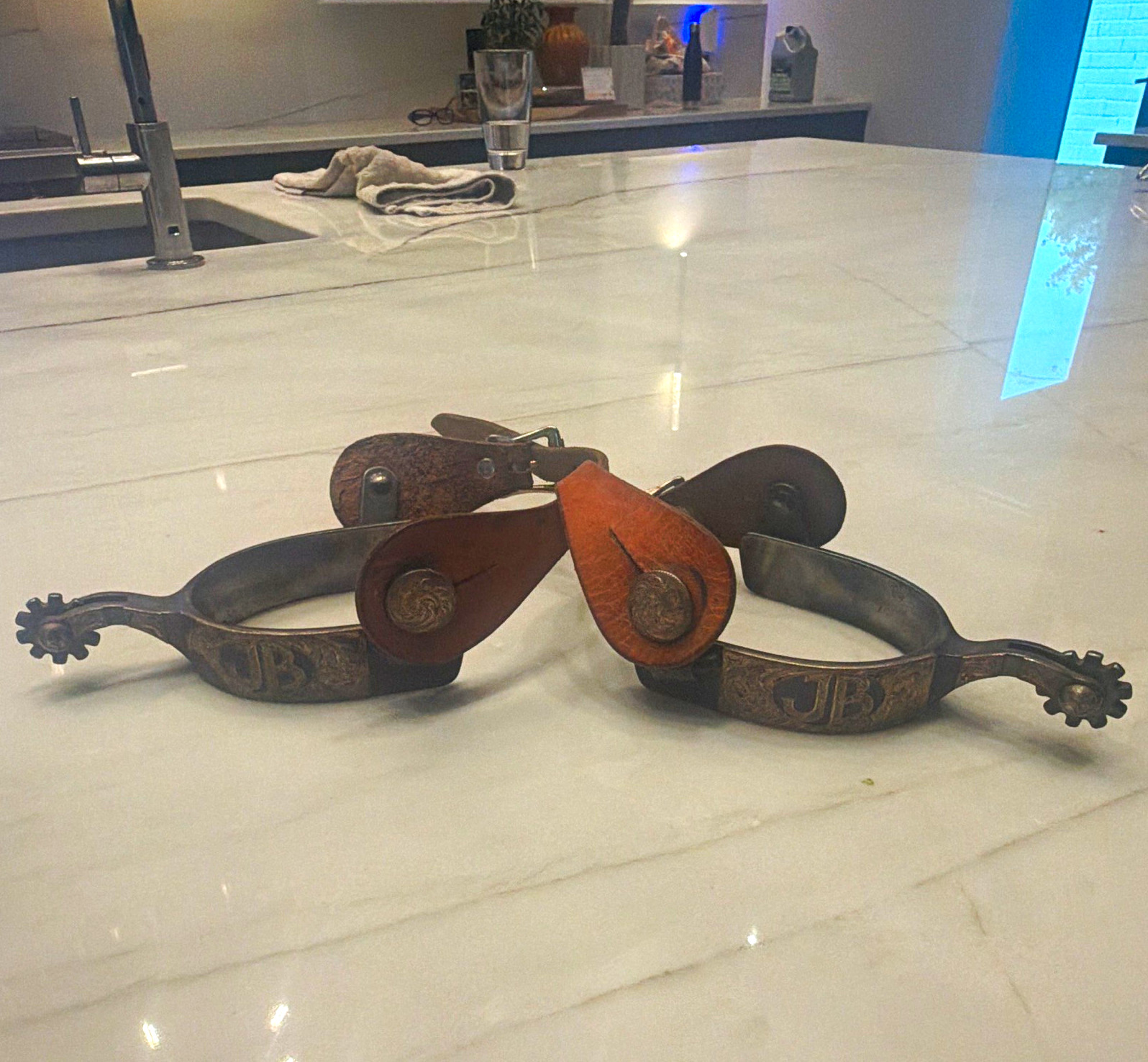 Marked Gordon Hayes Vintage Metal Riding Spurs w/ Brown Leather Straps
