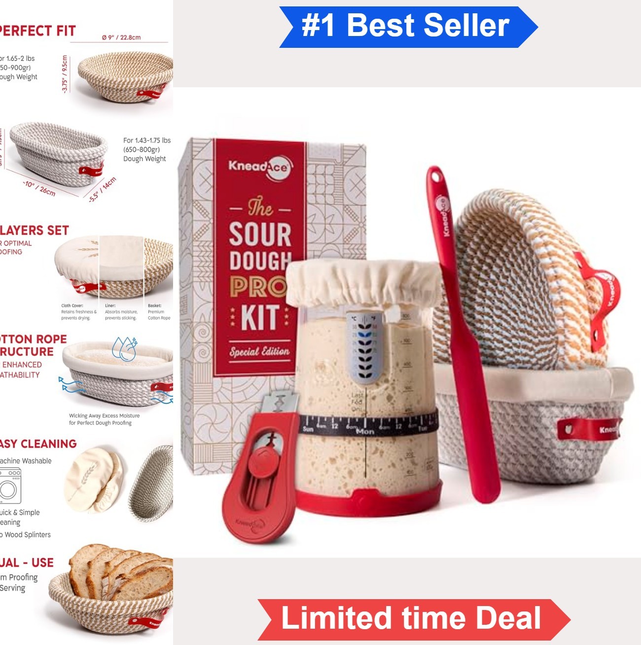 Sourdough Starter Kit 34oz Jar Banneton Proofing Baskets Bread Lame Baking Set