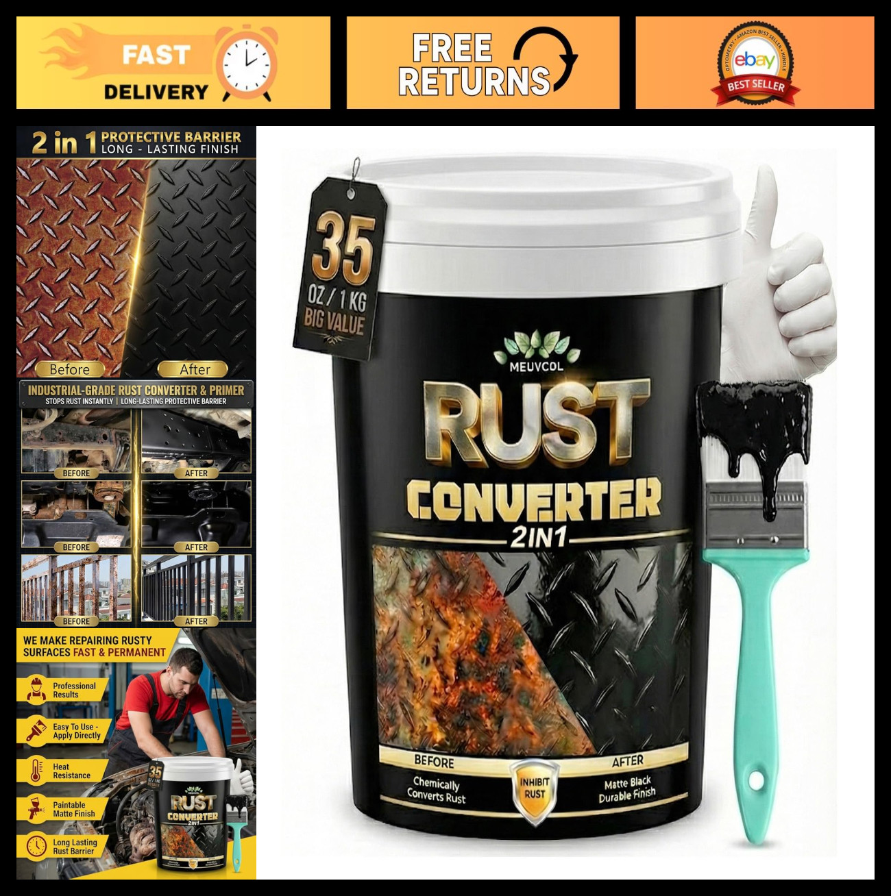 2-in-1 Rust Converter & Metal Primer, 35 oz Black Rust Reformer Paint for Traile