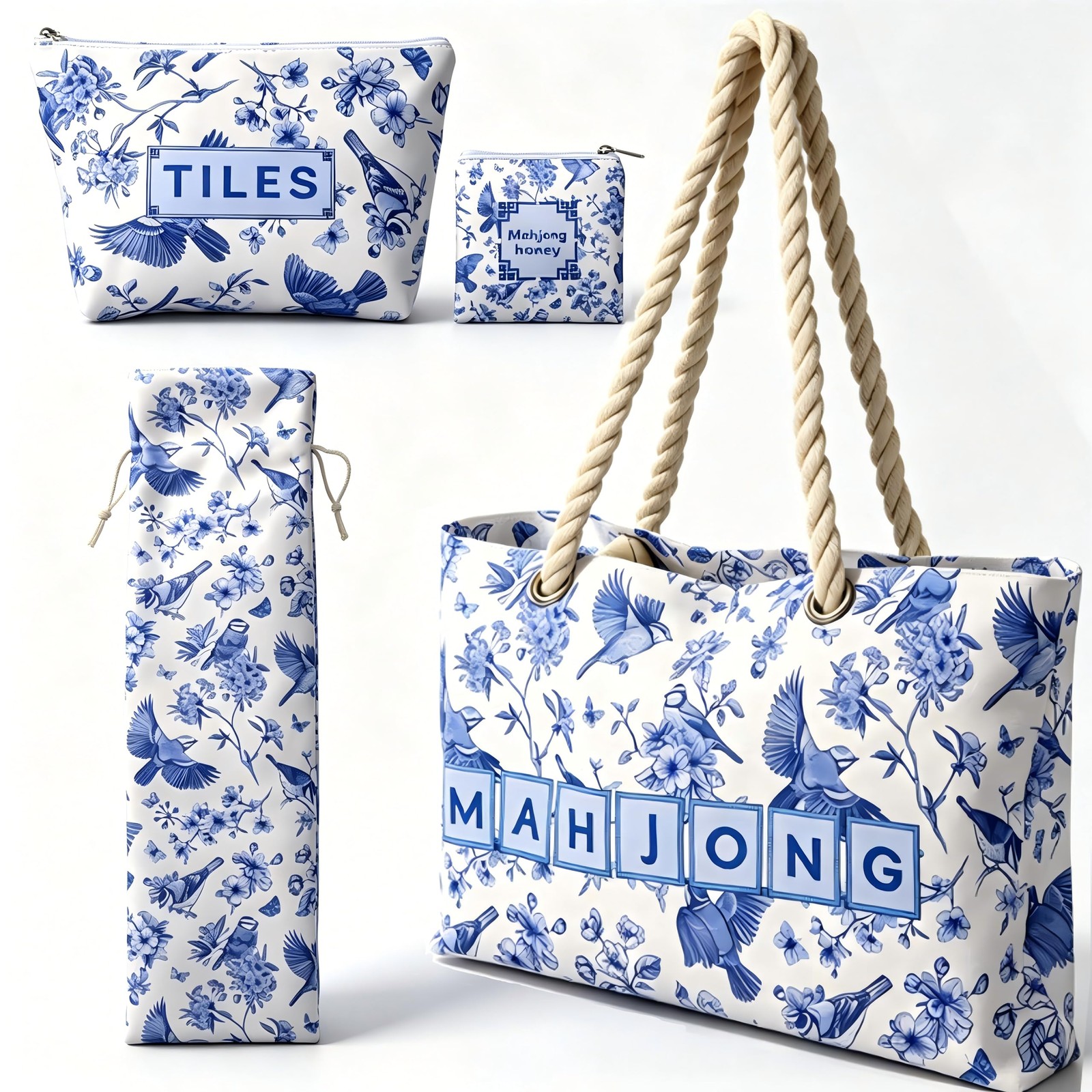 4 Pcs Empty Mahjong Bags Set Mahjong Tile Bag with Handle Thickened Blue Prin...
