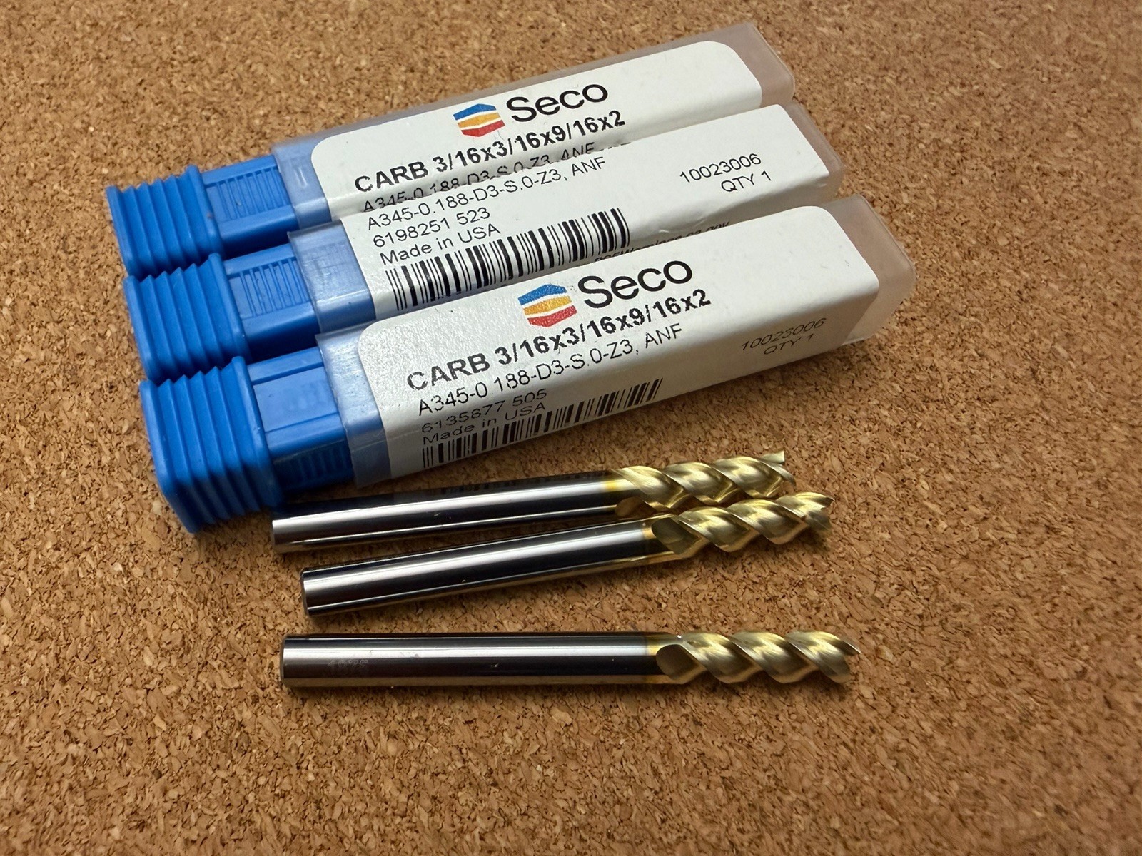 End Mills SECO 3/16” Día. x 3 Flute x 9/176” LOC x Solid Carbide New!!!!