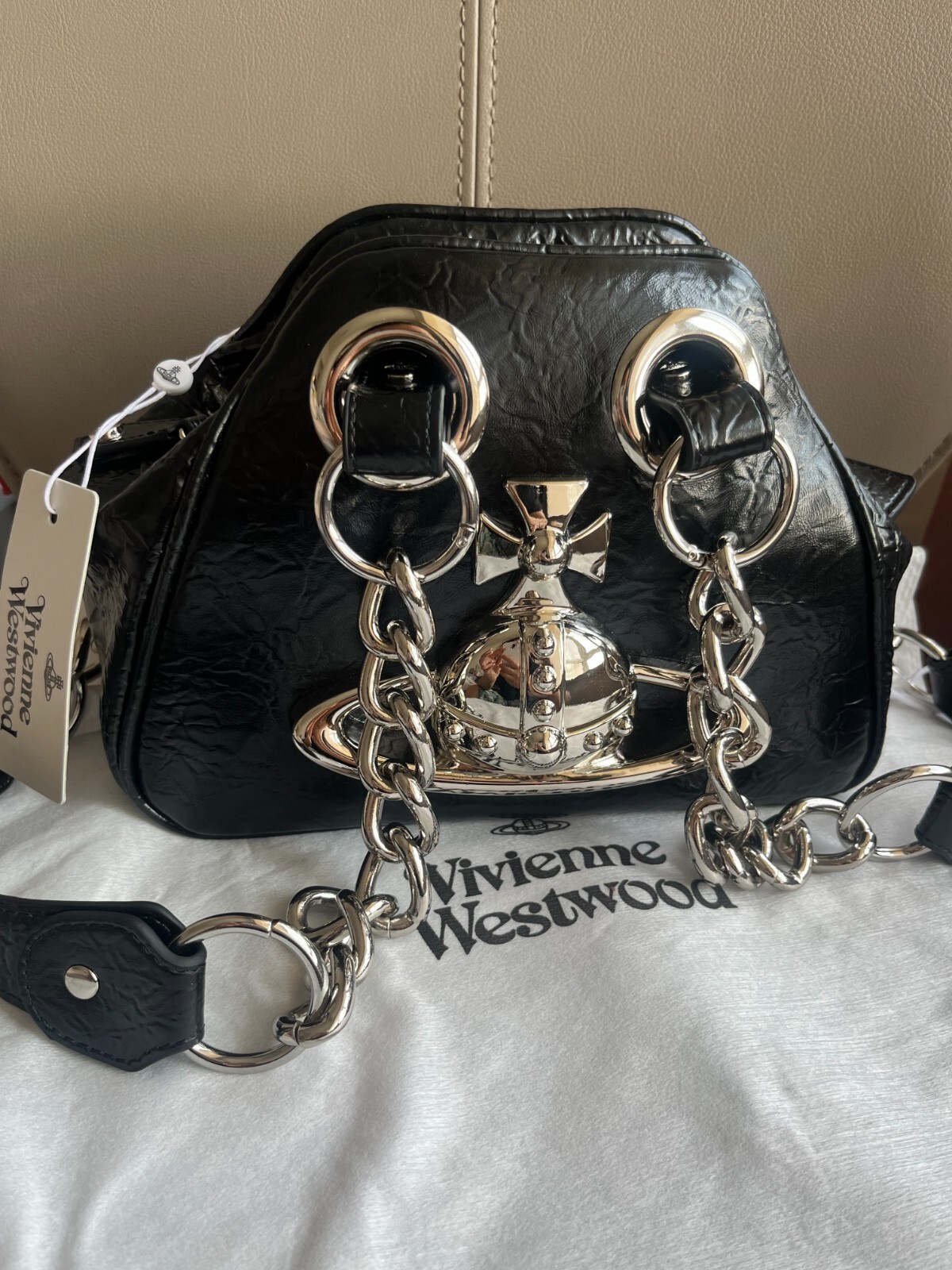 Vivienne Westwood Big Orb 2Chain Strap Black Leather Shoulder Bag