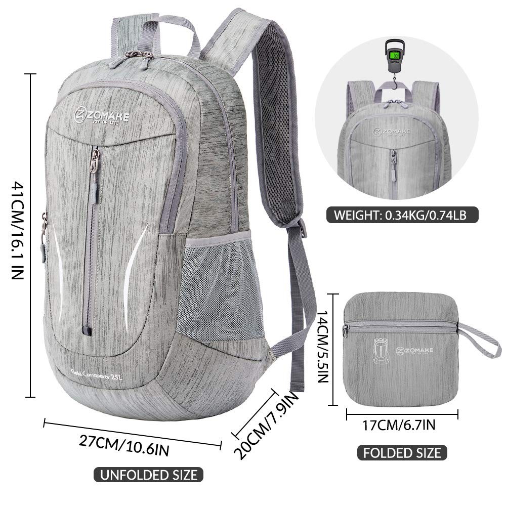 25L Ultra Lightweight Packable Backpack Foldable Hiking Daypack Silver Gray