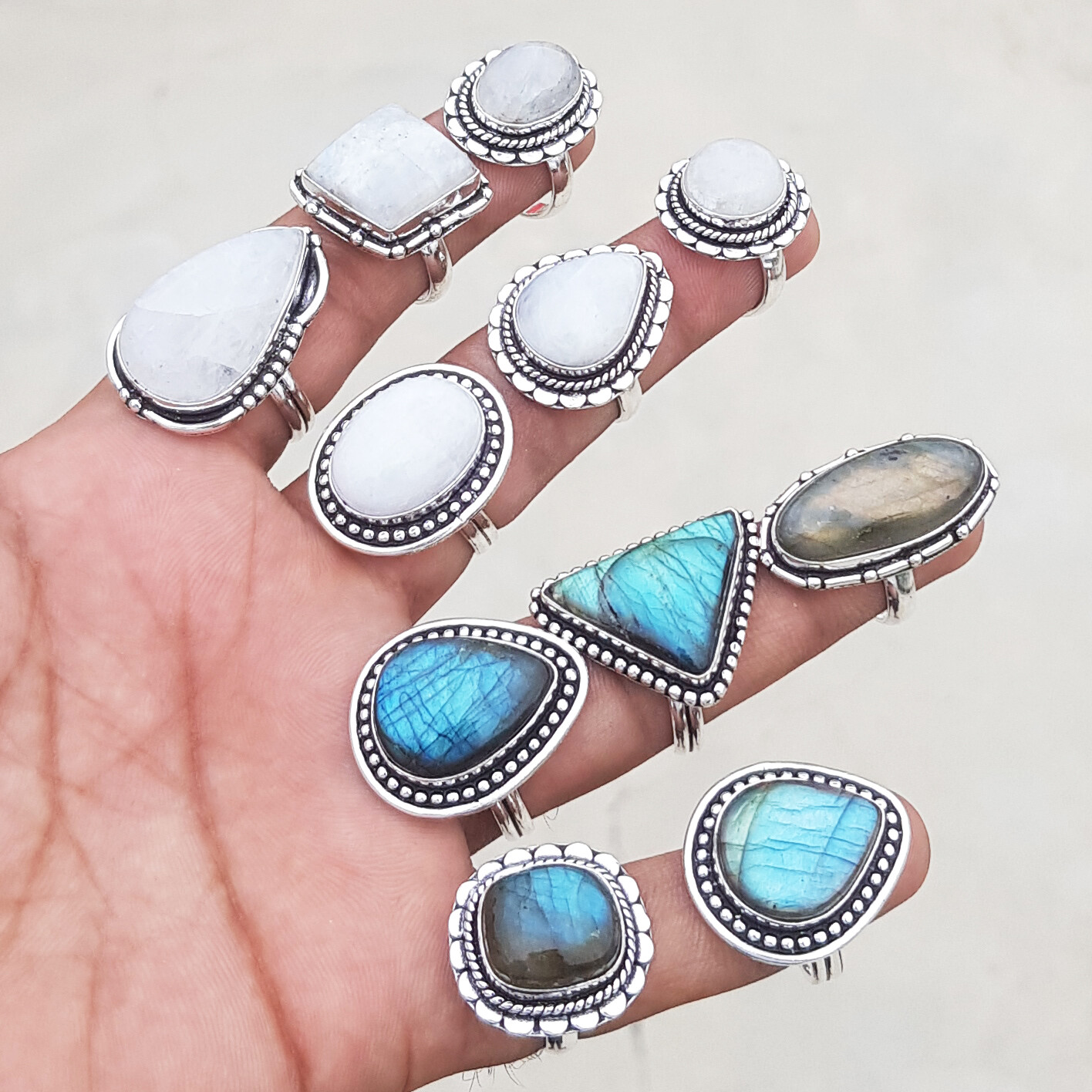 Labradorite Rainbow Moonstone Silver Plated Handmade Rings For Women Jewelry