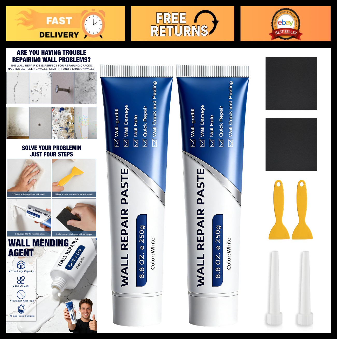 Quick Drying Wall Repair Kit - Efficient Spackle Paste for Holes & Cracks, Scrap