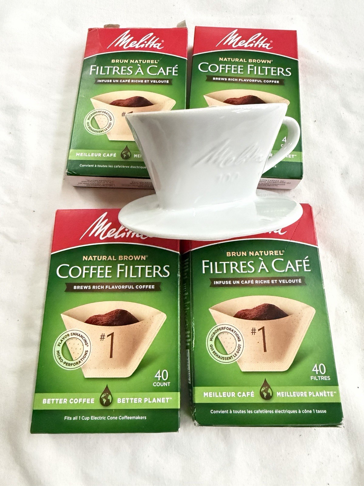 100 White Porcelain 1-Hole Melitta Small Pour Over Coffee Cone #1 Filters 4 pack