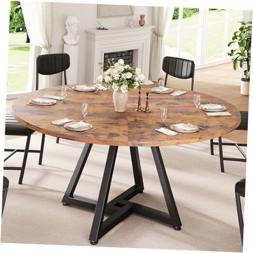 51" Round Dining Table Kitchen Dining Room Circle Dinner Pedestal Rustic Brwon