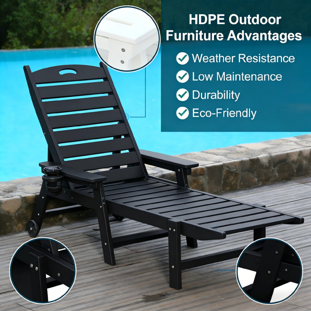 HDPE Chaise Lounge Chair Outdoor, Pool Lounge Chairs with 4-Position Adjustable