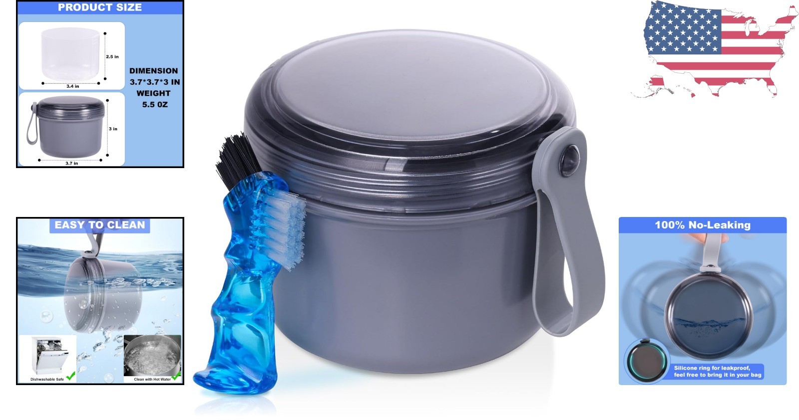 Leak-Proof Denture Container for Full & Partial Dentures – Grey