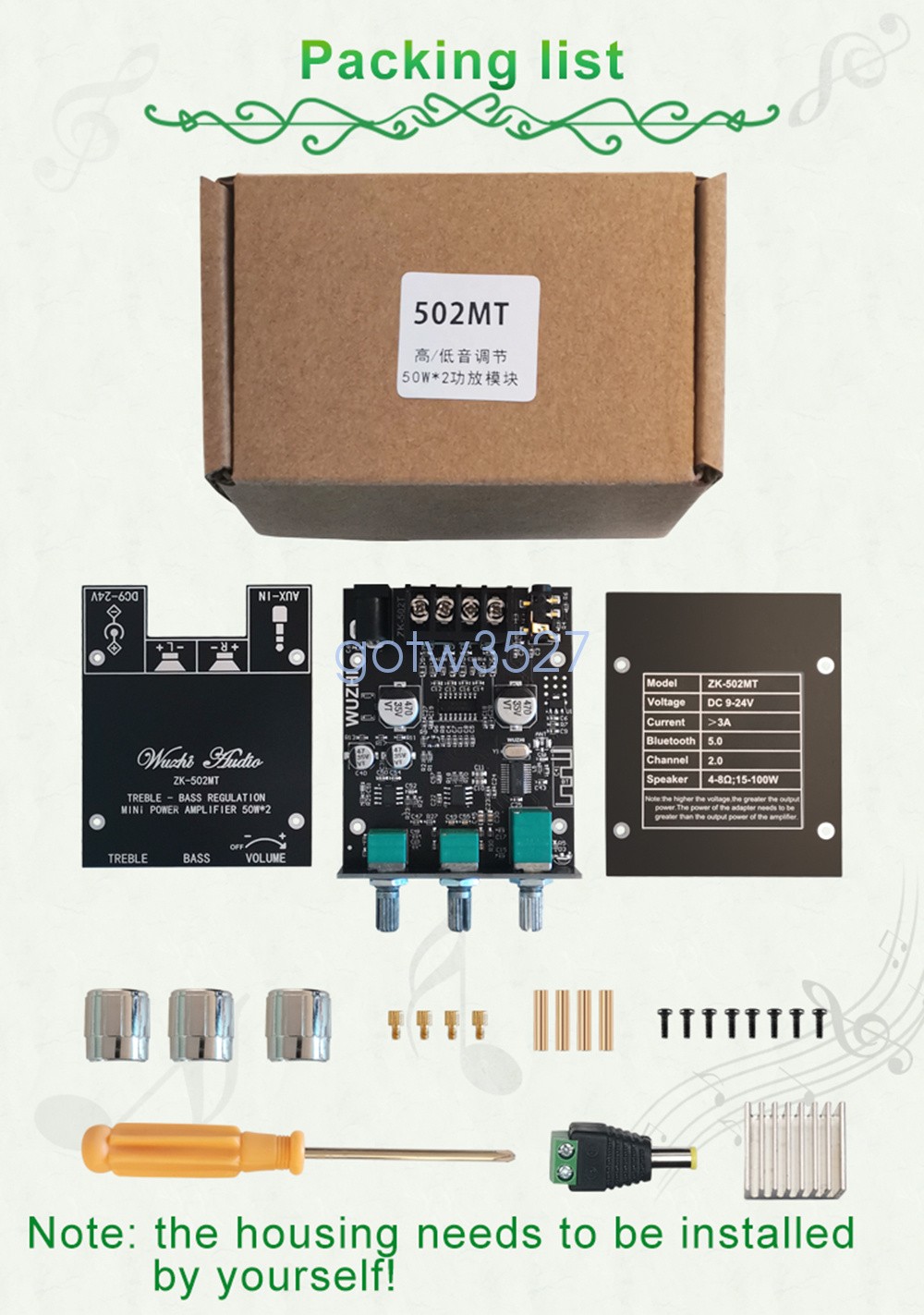 502MT 50Wx2 Bluetooth Audio Amplifier Module with Tone Control 2-Channel Stereo