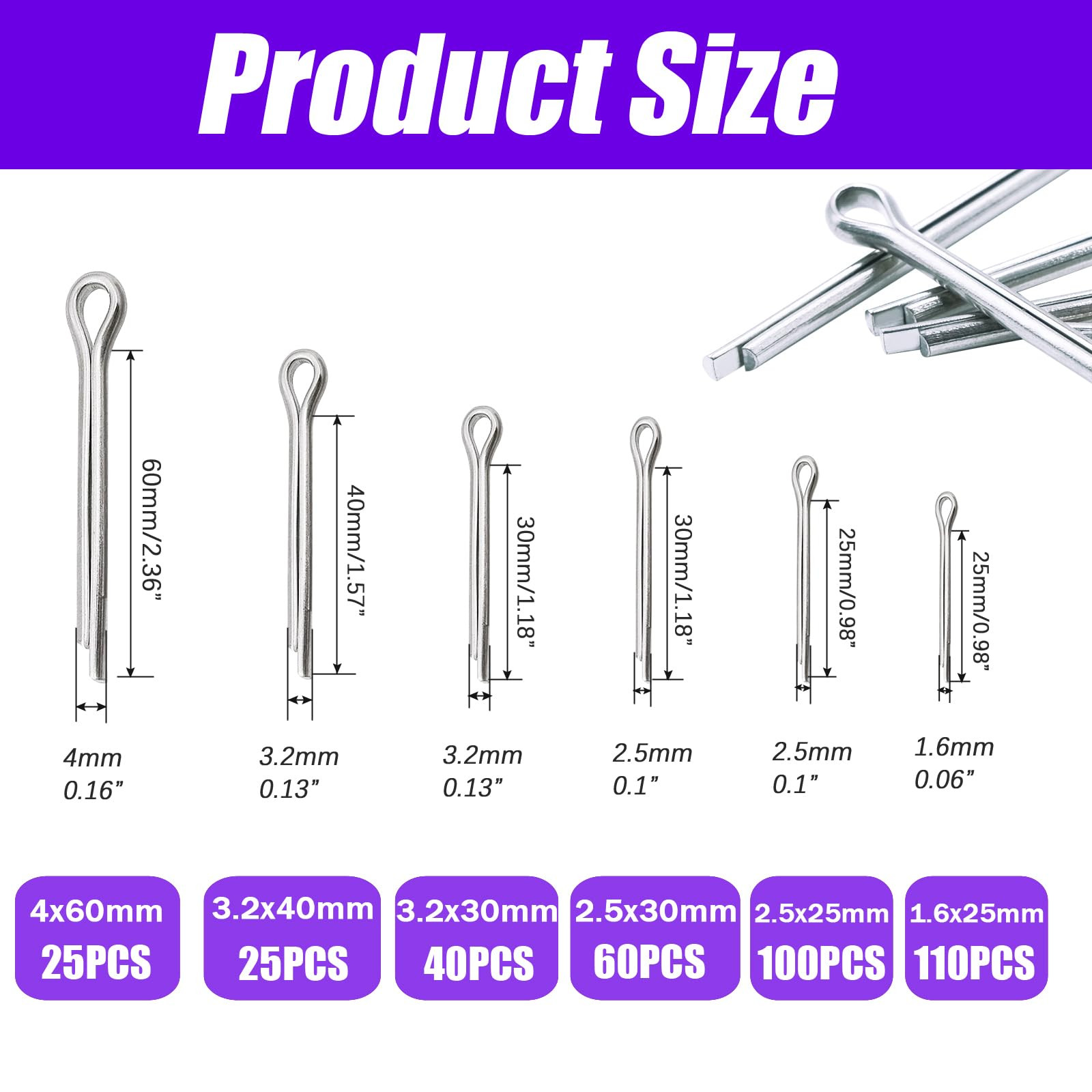 360PCS Cotter Pin Assortment Kit, 6 Sizes 304 Stainless Steel Cotter Pins Set...