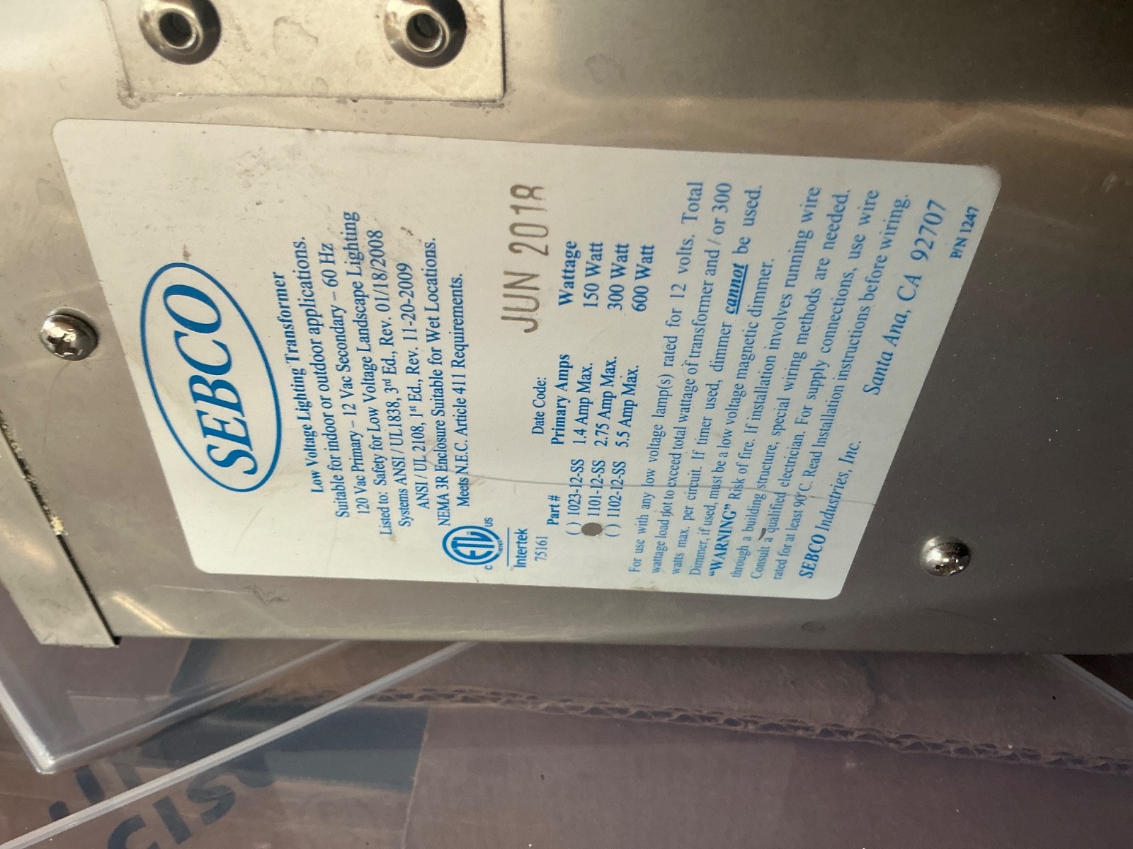 Sebco Low Voltage Lighting Transformer