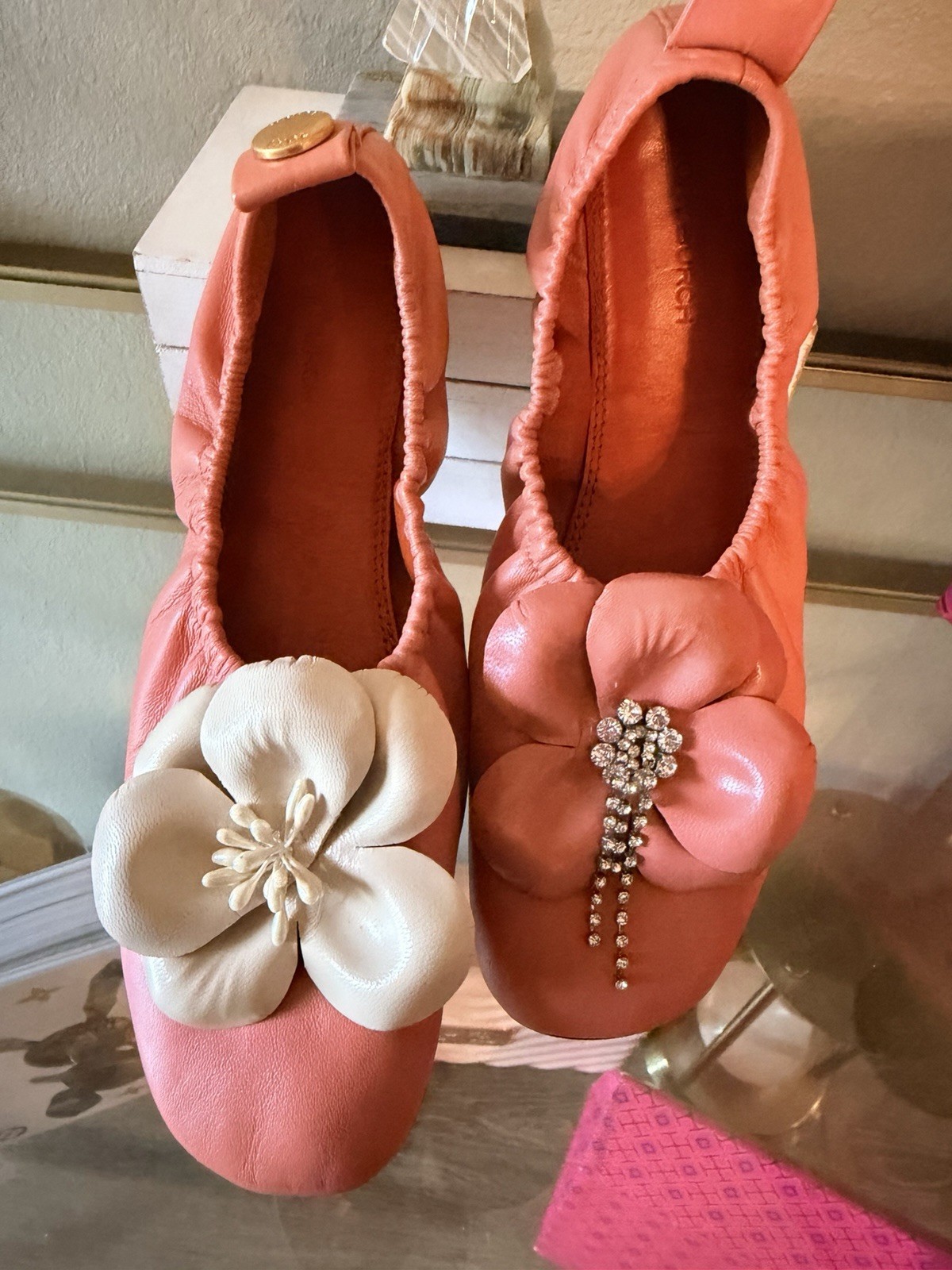 Tory Burch Flower Rhinestone Slip-On Ballet Flats Coral Leather Round Toe