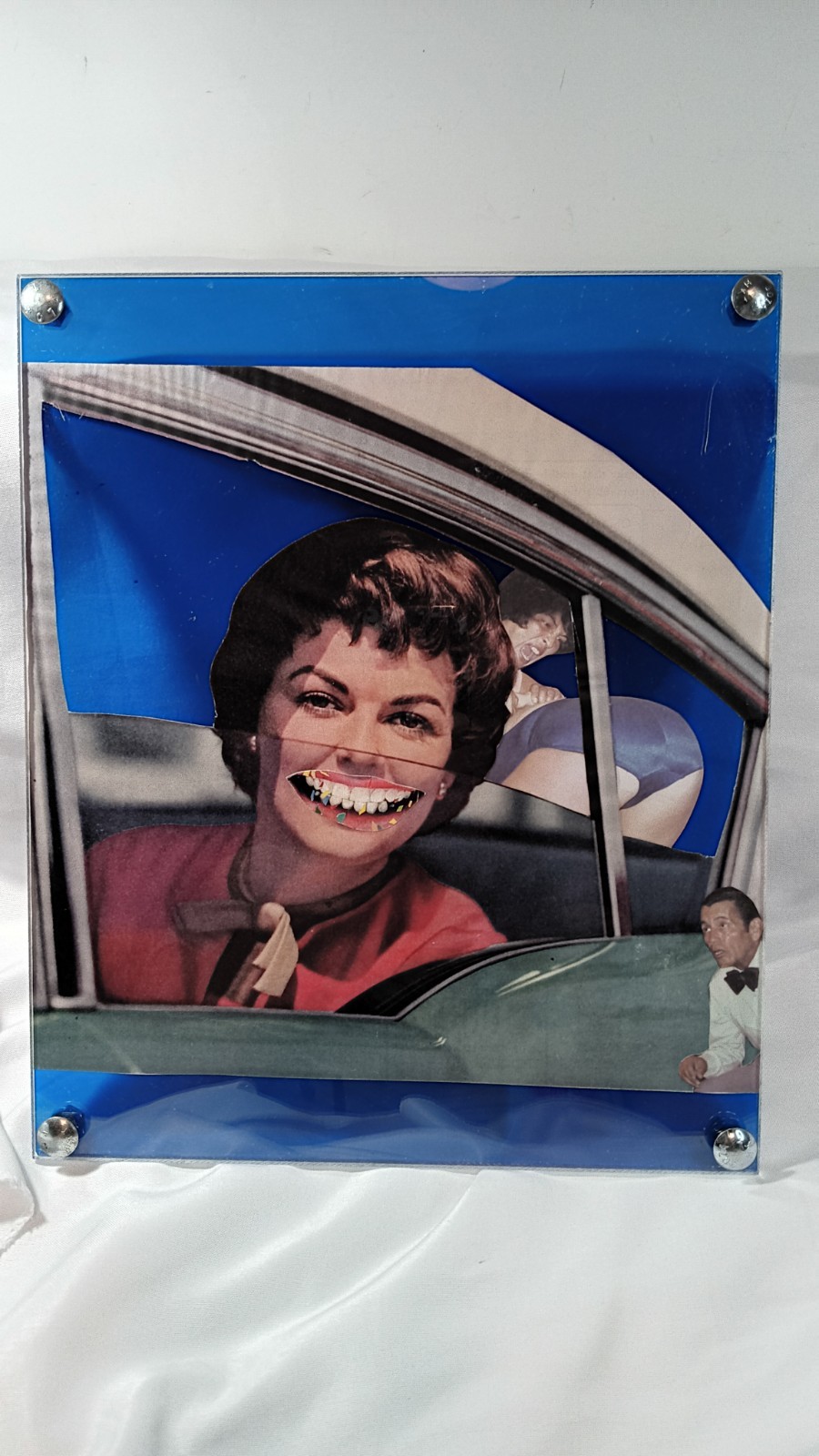 Smile Collage Art Modern Punk Abstract Bolted Acrylic Frame Blue Retro Pop Art