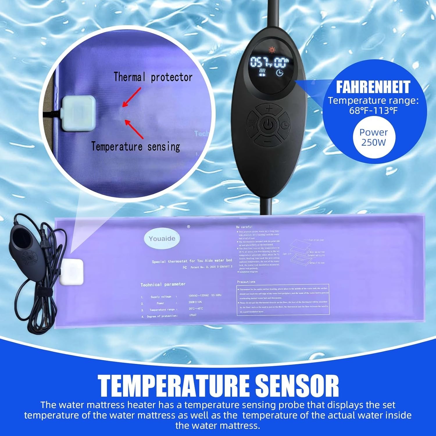 Smart Waterbed Heater with LED Digital Controller, 250W Waterbed Heating Pad
