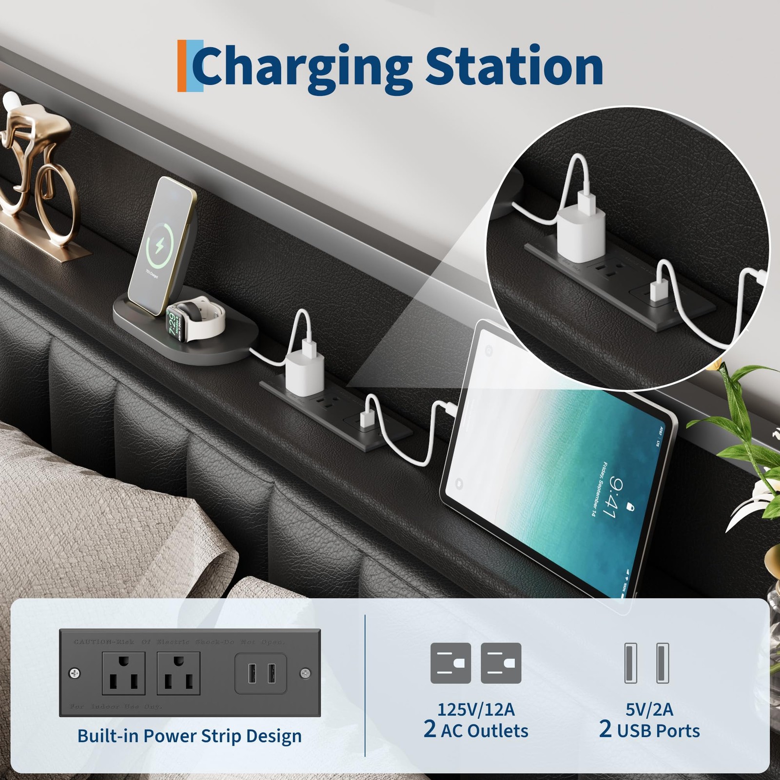 GRAVEE King Upholstered Platform Bed Frame w/Charging Station Underbed Storage