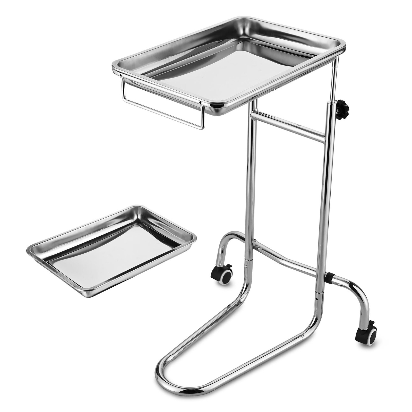 Yessources Mayo Stand Stainless Steel 2Pcs Trays with Wheels Adjustable Medical