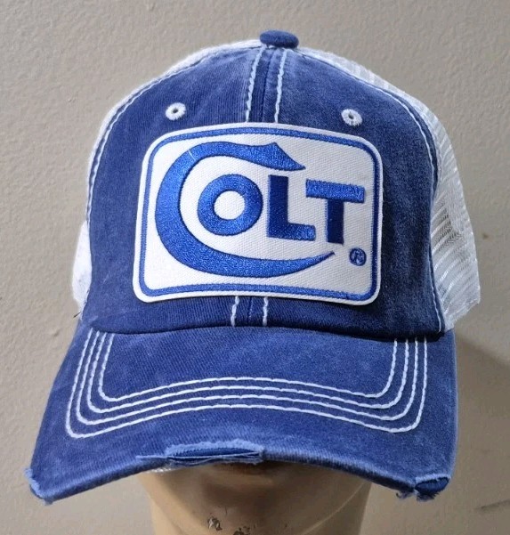 Colt Guns Trucker Hat Distressed Baseball Cap Royal Blue & White COLT GUNS HAT