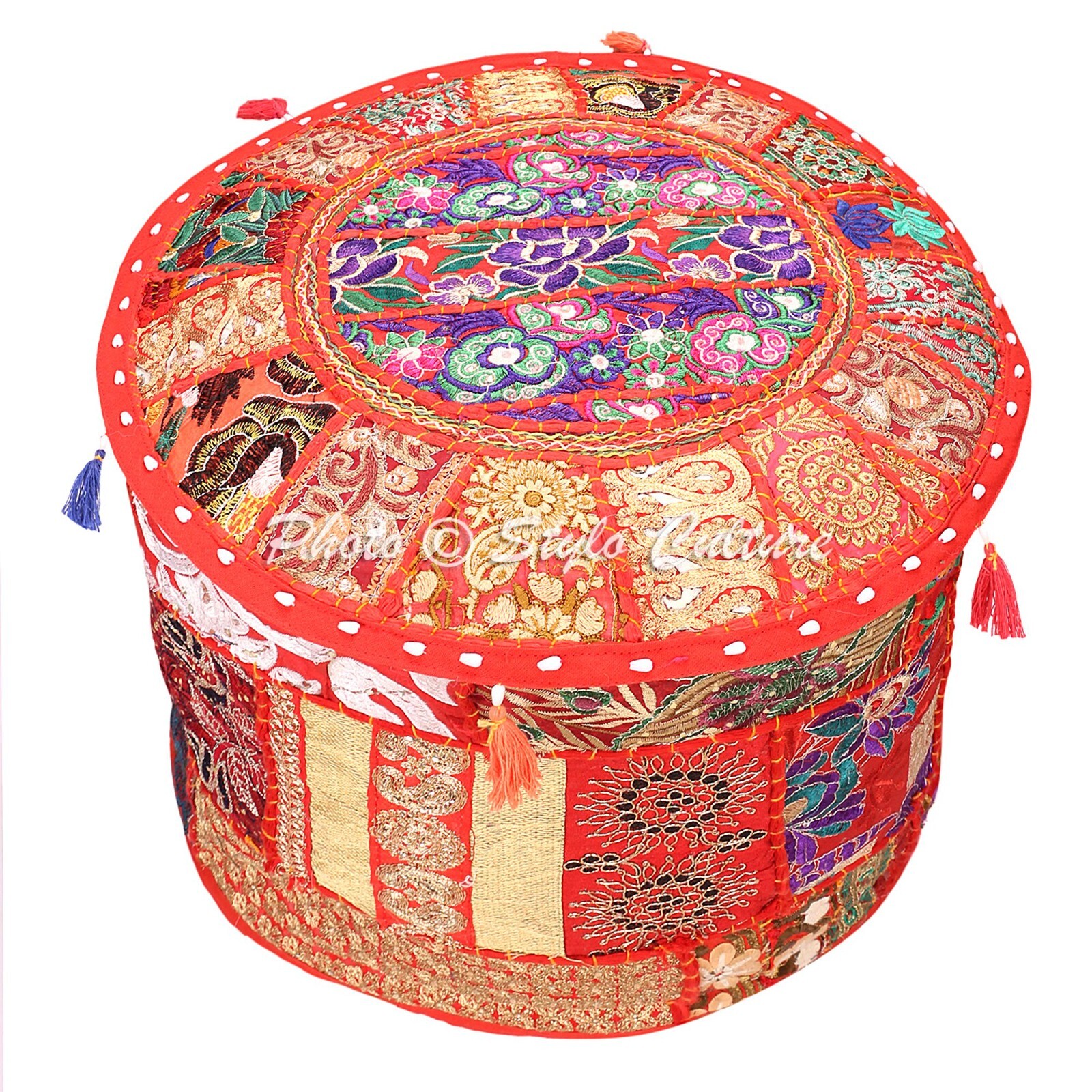 Handmade Bohemian Patchwork Red Ottoman Pouf Cover Seating Foot Stool 16 in