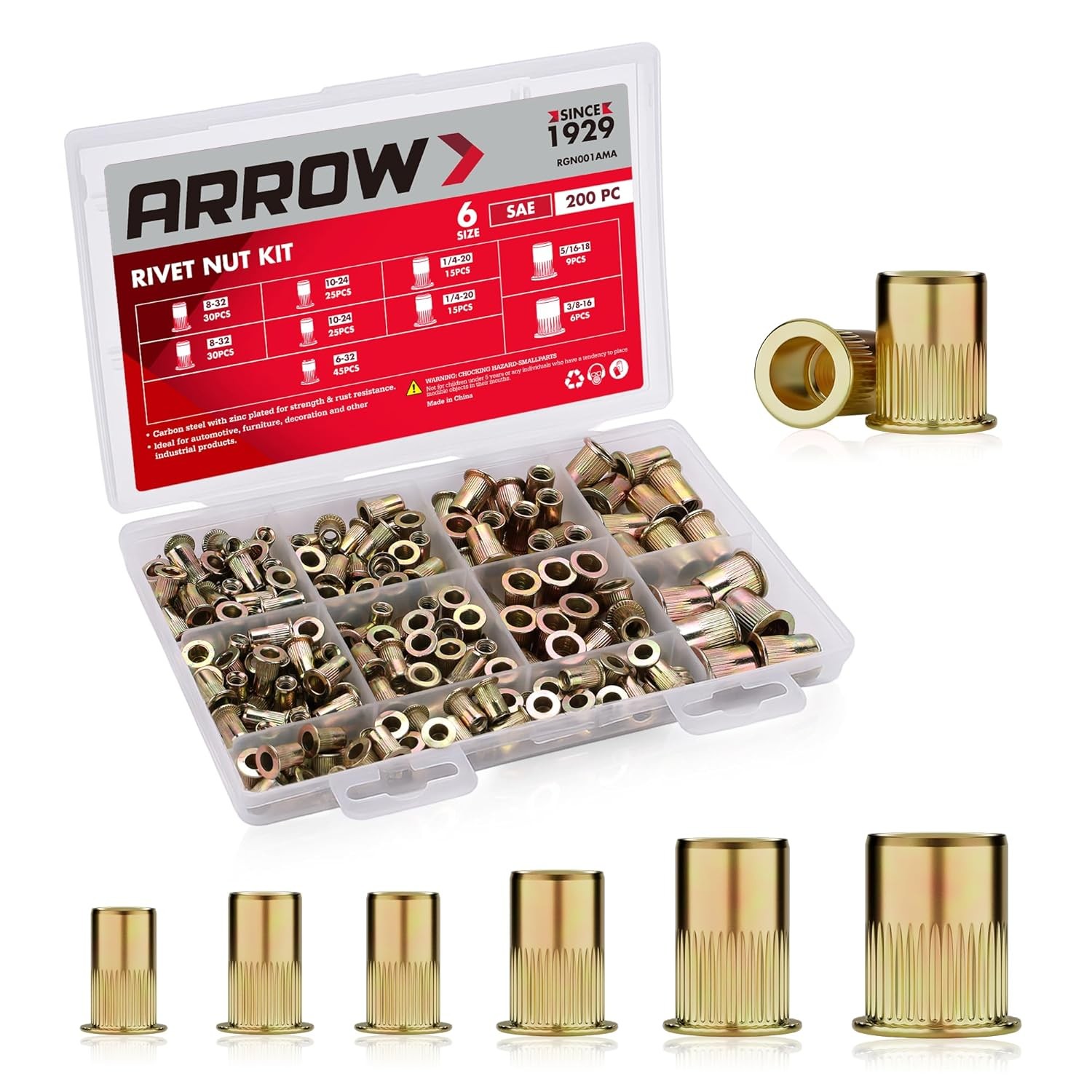 Arrow 200PC Rivet Nut Kit SAE Rivnut Assortment FlatHead Threaded Insert Nutsert