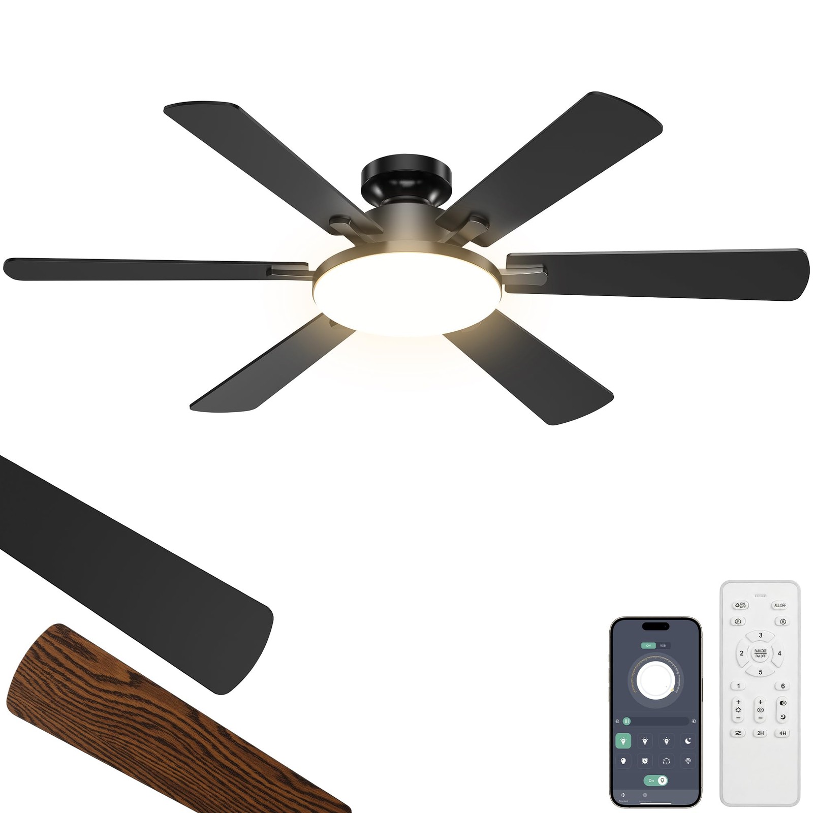 52 Inch Ceiling Fan with Light Remote Quiet 6 Speed Reversible LED Fans Lights