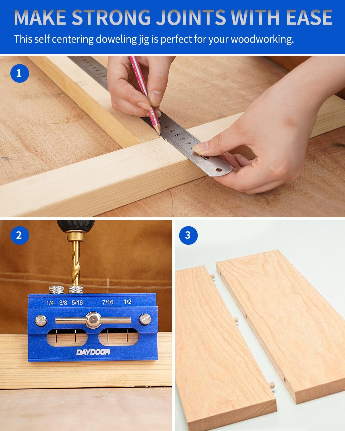 Self Centering Doweling Jig Adjustable Width Straight Holes Joiner Blue Set