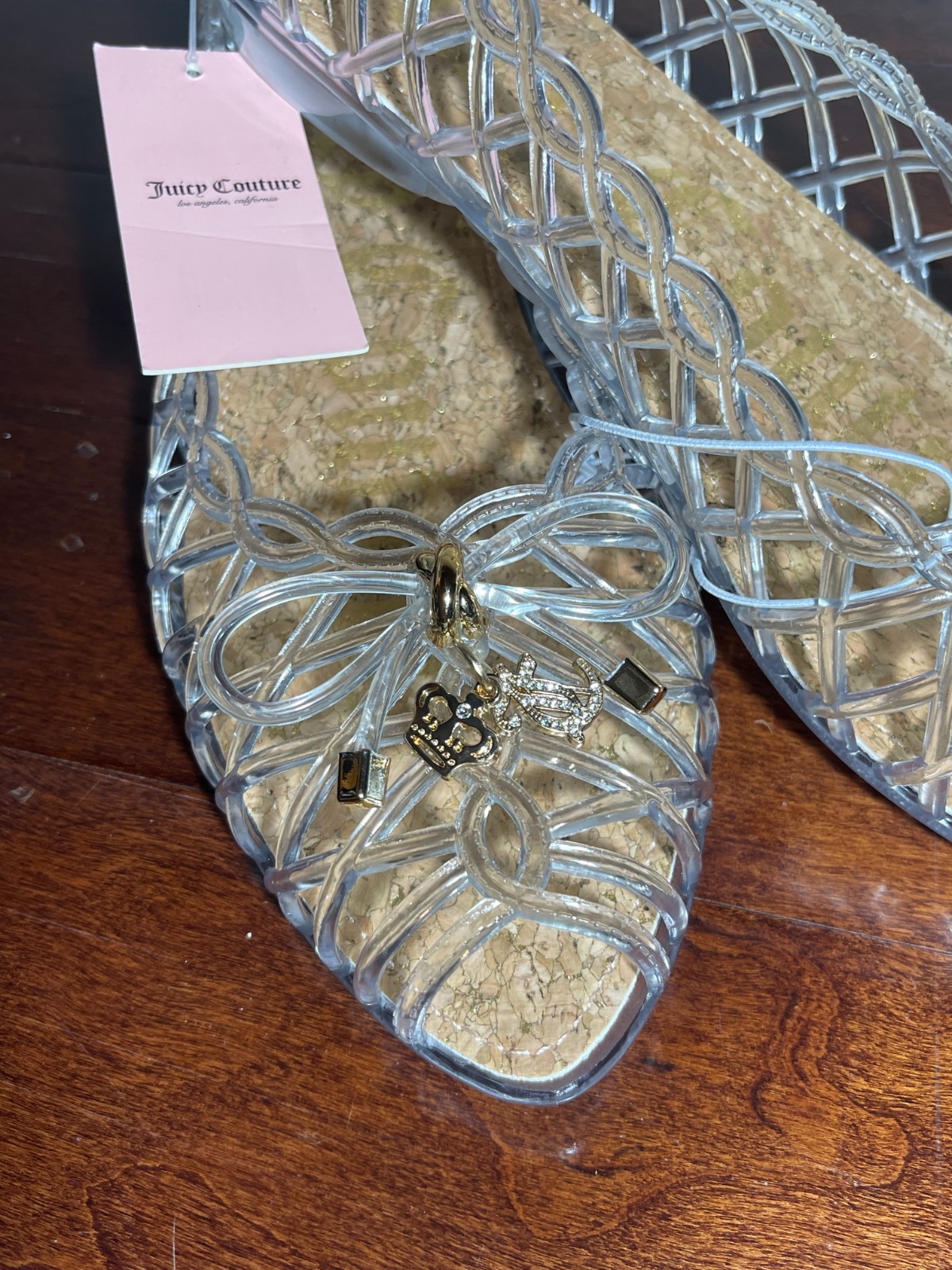 Juicy Couture Clear Jelly Ballet Flats Cork Insole Bow Charm Womens 10