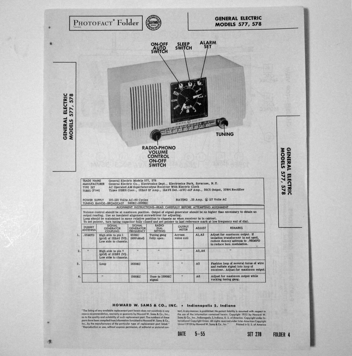 GE General Electric Models 577 578 - SAMS Photofact ™ 1955 - New NOS
