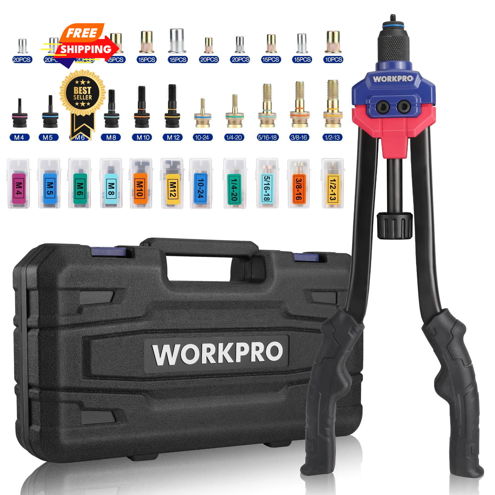 WORKPRO 16" Rivet Nut Tool Kit with Carrying Case Black, Red, Blue