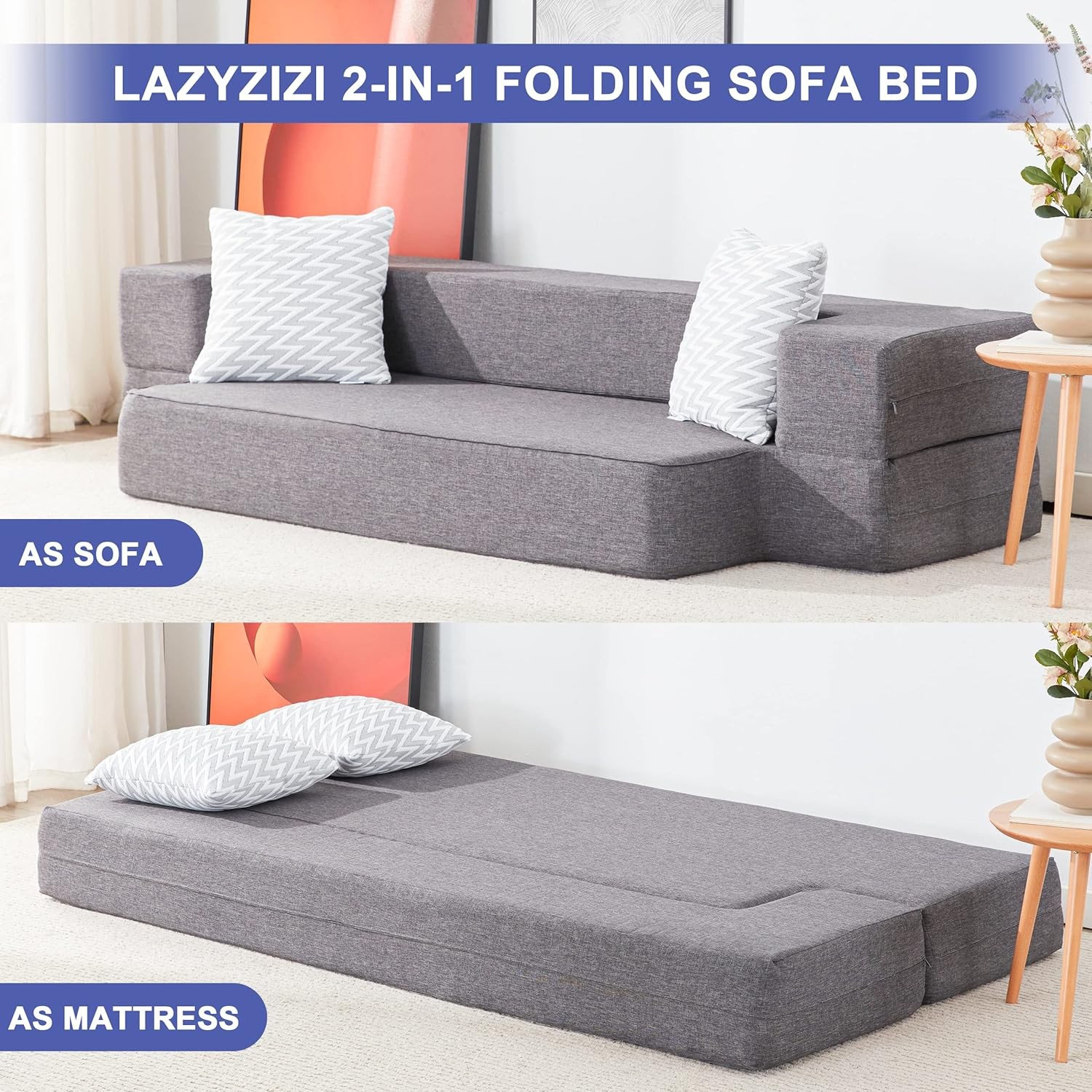 Floor Sofa Bed, Convertible Sleeper Lounge Couch Folding Mattress with 2 Pillows