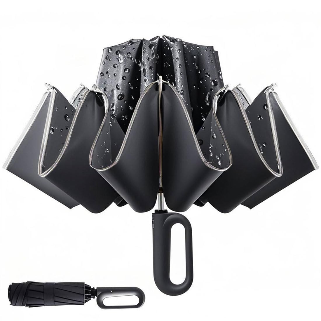 Lussenwert Inverted Umbrella with Carabiner Handle, Wind Proof 1 Pack, Black