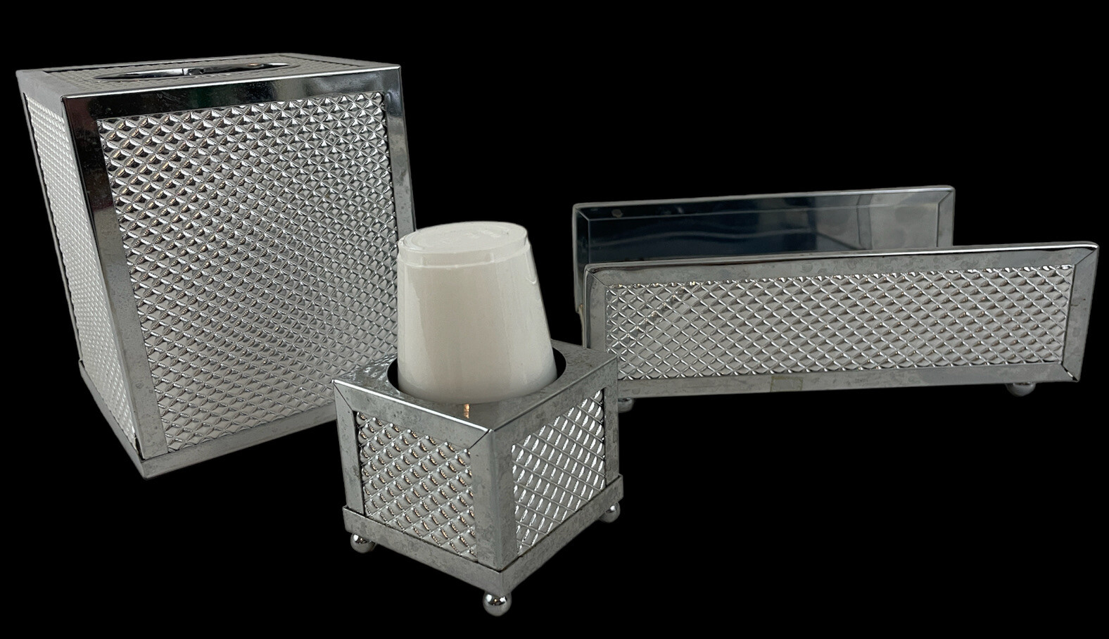 Vtg 3 Pc Chrome Bathroom Set MCM Tissue Box Cover Napkin Towel Solo Cup Holders