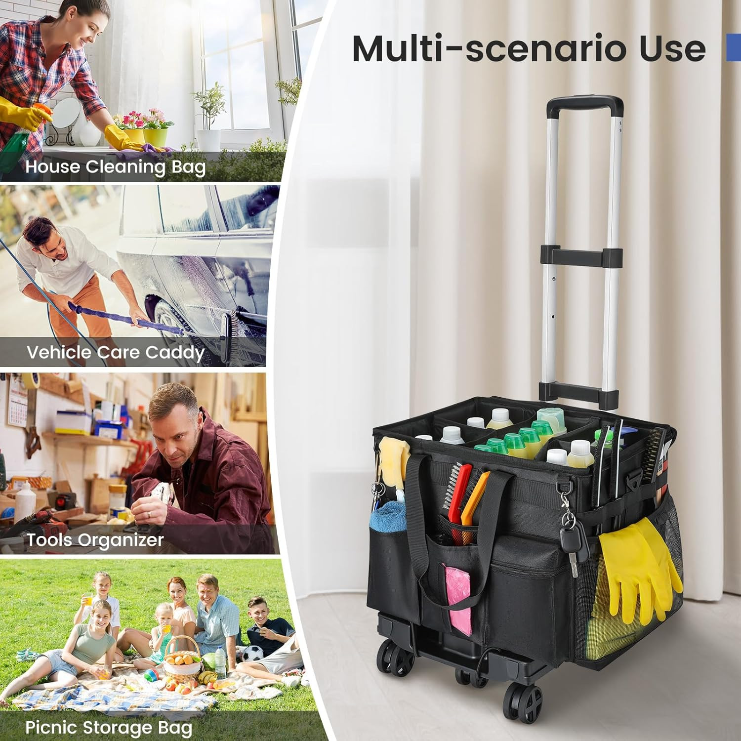 Extra Large Rolling Cleaning Caddy Bag with Trolley & 360° Wheels, Black