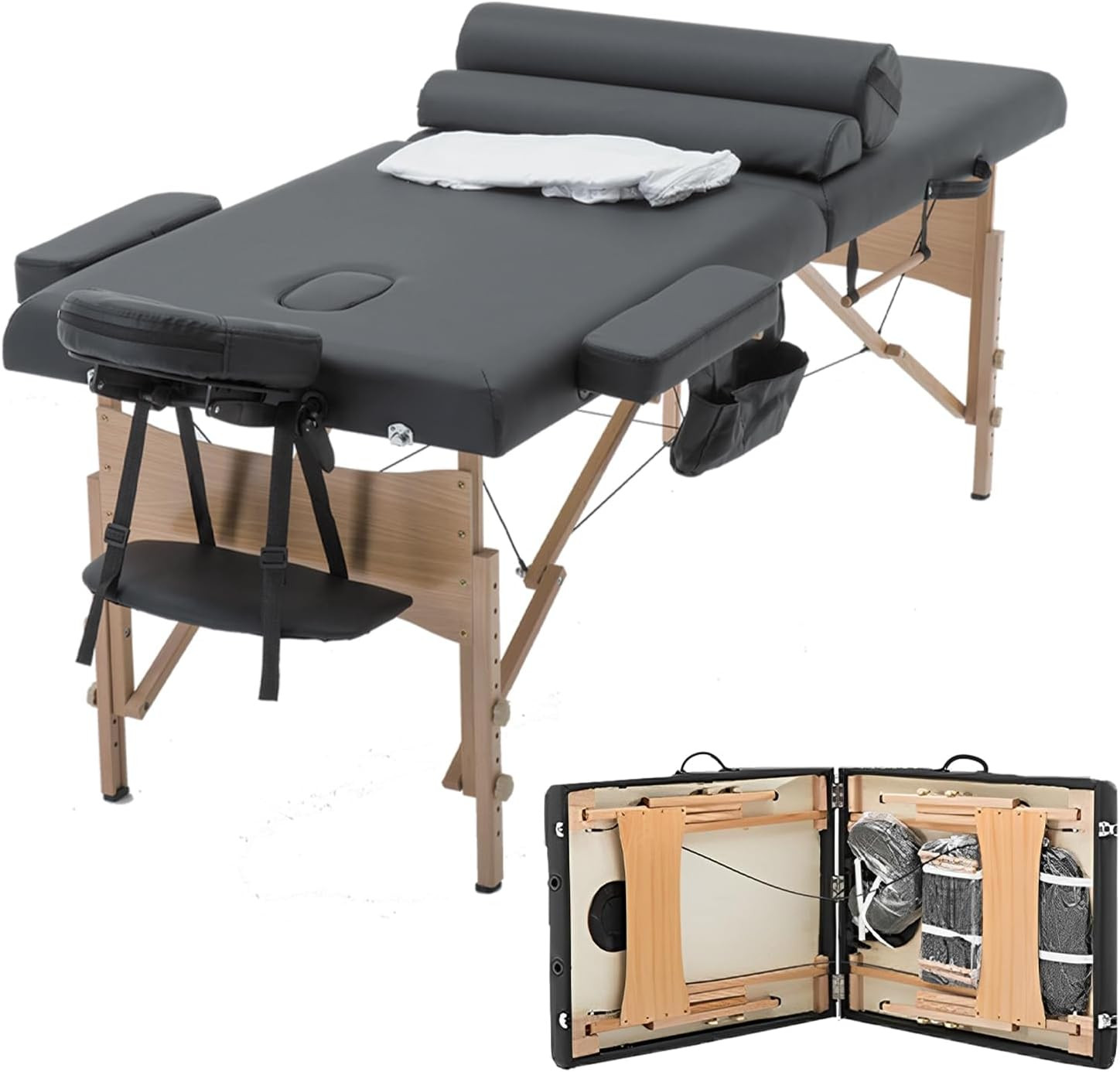 Portable 28" Massage Bed - Height Adjustable Spa Table with Towel Hanger & Bolst