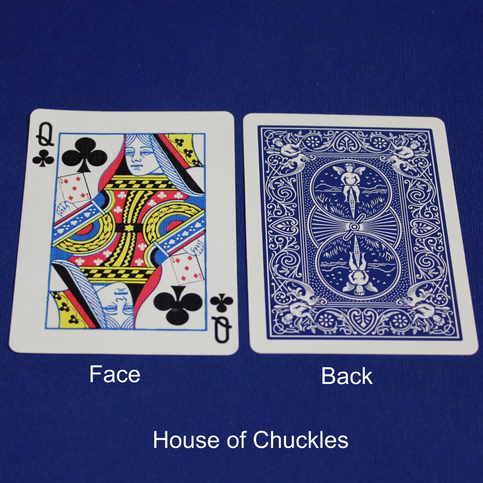 Queen of Clubs reveals Large 5 of Diamonds, Bicycle Printed Gaff Card, Blue
